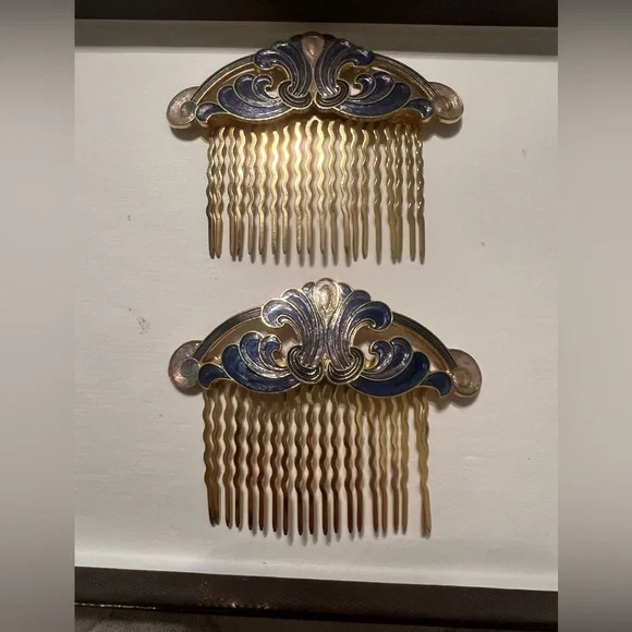 Vintage Cloisonne Floral Hair Combs - Picture 2 of 7